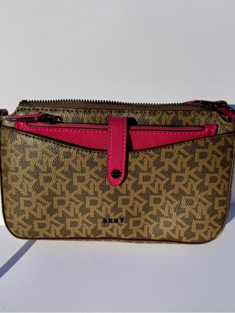 DKNY Brown Monogram Crossbody with Pink Trim